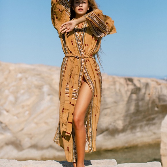 Bohemian Western Aztec Tribal Geo Belted Kimono Duster Cover up Beach - Picture 8 of 12